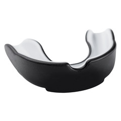 black sports mouth guard, protection of teeth in box of rubber on white background, isolate