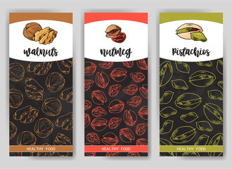 Nuts and seeds collection. Hand drawn elements. Flyer, booklet advertising and design. Vector illustration