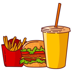 Junk food . French fries, hamburger, and drink