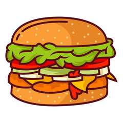 Cartoon of delicious hamburger with the onion and cheese