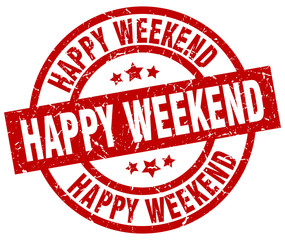 happy weekend round red grunge stamp