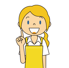 二頭身　外国人　黄色のエプロンの女性　人差し指をさす　保母さん　主婦　料理　カフェ店員　お花屋さん