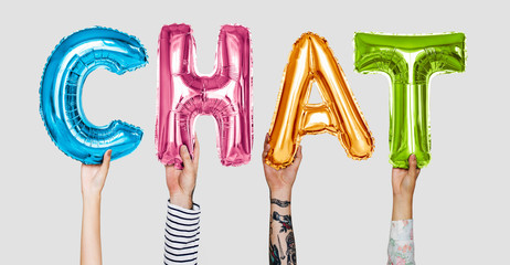 Hands showing chat balloons word