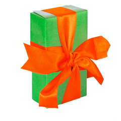 Green gift box with red satin ribbon bow