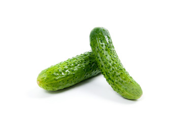Fresh green cucumber on the white background.