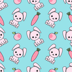 Cute seamless pattern with cartoon funny rabbits. Childish background. Vector kawaii illustration.