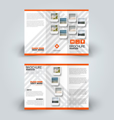 Brochure design. Creative tri-fold template. Abstract geometric background leaflet layout. Orange color vector illustration.