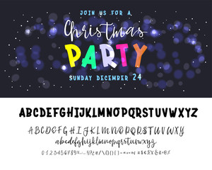 join us for a Christmas party horizontal flyer. Vector of stylized two fonts handwritten and alphabet.