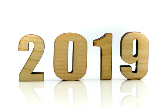 Miniature people : Worker with wooden of number 2019,Happy New Year 2019 concept.
