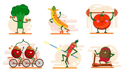 Cute smiling fruits and berry characters involved in sports, fitness exercises, set of flat cartoon style vector illustrations isolated