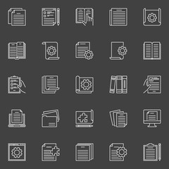 Pages and documents with gear concept vector line icons set