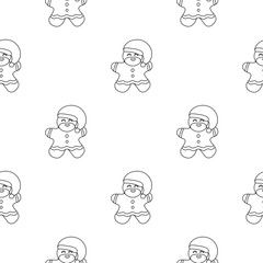 Vector illustration seamless pattern with icons of gingerbread men with Santa Claus' clothes and beard on a white background. Black outline