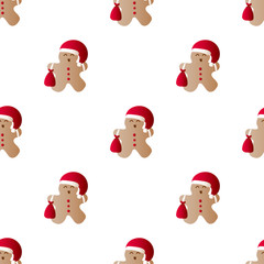 Vector illustration seamless pattern with icons of gingerbread men with gift bag, red Santa Claus' clothes on a white background