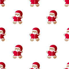 Vector illustration seamless pattern with icons of gingerbread men with red Santa Claus' clothes and beard on a white background