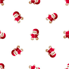 Vector illustration seamless pattern with icons of gingerbread men with red Santa Claus' clothes and beard on a white background