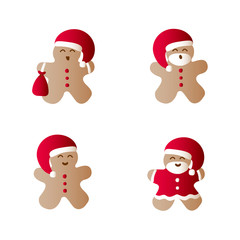 Vector illustration icons set of laughing gingerbread men dressing in red Santa Claus' clothes on a white background
