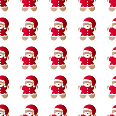 Vector illustration seamless pattern with icons of gingerbread men with red Santa Claus' clothes and beard on a white background
