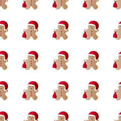 Vector illustration seamless pattern with icons of gingerbread men with gift bag, red Santa Claus' clothes on a white background