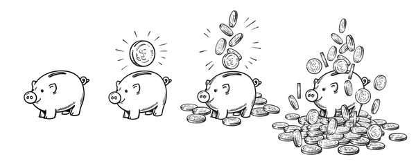 Cartoon piggy bank set. Empty, with one coin, with falling coins, heaped over money. Wealth and success concept. hand drawn vector illustration.