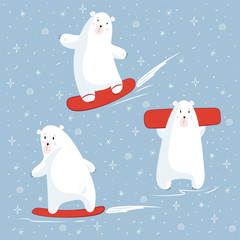 Set of polar bear characters on a snowboard 