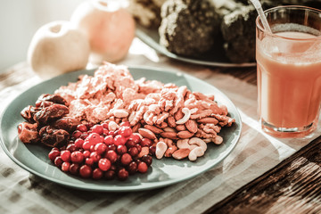 Healthy and delicious. Close up of a plate with tasty food standing on the table
