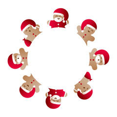 Vector illustration templates with icons of gingerbread men with gift bag, red Santa Claus' clothes and beard on a white background