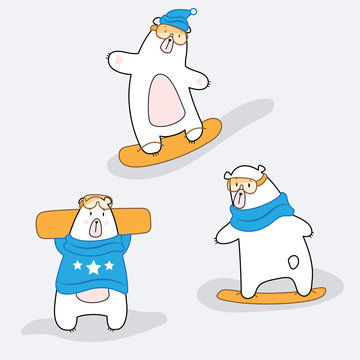 Set of polar bear characters in clothes on a snowboard