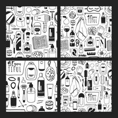 Obraz premium Set of Hand drawn seamless patterns with cosmetics. Vector illustration. Actual background with beauty products. Original doodle style drawing Bath Things. Creative ink art work