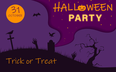Halloween party poster with night cemetery and evil spirits.