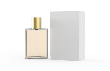 Perfume Bottle And Packaging Box On Isolated White Background, 3D Illustration