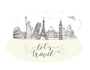 Fototapeta premium World travel and sights. Tourism banner with hand-lettering quote.