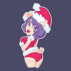 Sexy piggy girl in santa hat and mittens.