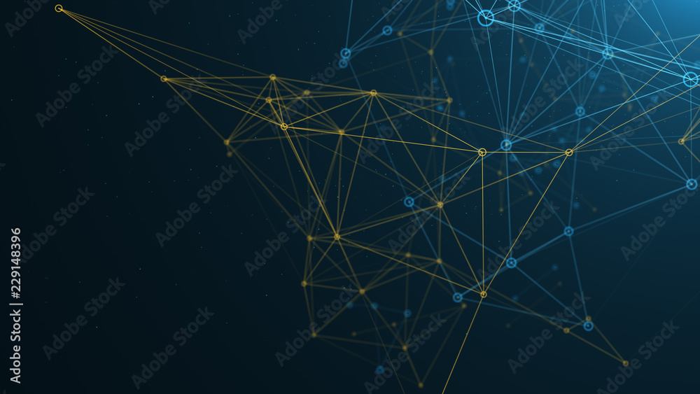 Wall mural digital abstract network of blue and yellow lines and connected dots