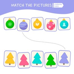 Matching children educational game. Match parts of christmas balls and tree. Activity for pre shool years kids and toddlers.