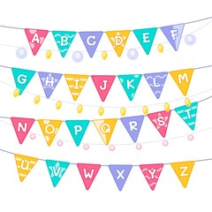 Cute english illustrated alphabet. English letters A to Z set. Cute flags and garlands.