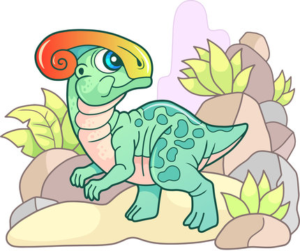 cartoon, small, cute dinosaur parasaurolophus, funny illustration
