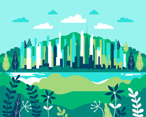 City landscape flat. Design urban illustration vector in simple minimal geometric  style with buildings, lake flowers and trees abstract background for header images for websites, banners, covers