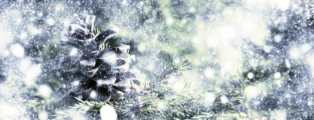 Christmas or New Year blurred snow background with festive fir tree and pine cones, selective focus