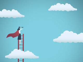 Business vision vector concept with business woman standing on top of ladder above clouds. Symbol of new opportunities, career ladder, visionary, success, promotion. © jozefmicic