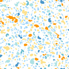 Terrazzo floor marble seamless pattern.Orange,blue,yellow and white palette.Traditional venetian material.Granite and quartz rocks mixed on polished surface.Vector background for architecture designs