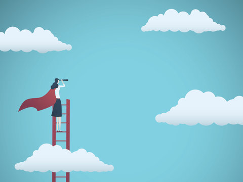 Business vision vector concept with business woman standing on top of ladder above clouds. Symbol of new opportunities, career ladder, visionary, success, promotion.