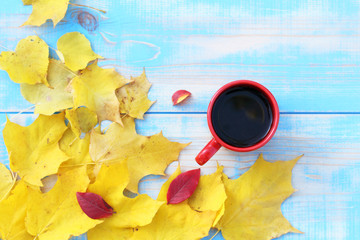 Fototapeta na wymiar colors of the autumn coffee break/ yellow leaves and hot drink on a blue wooden table top view 