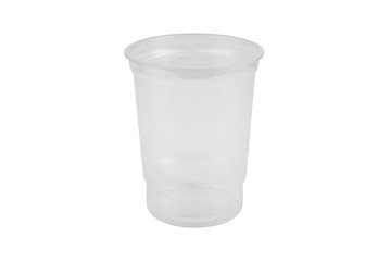 big white transparent plastic glass for drinks, on a white background, isolate