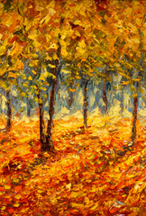 Oil painting landscape - colorful autumn trees. Semi abstract image of forest, aspen trees with...