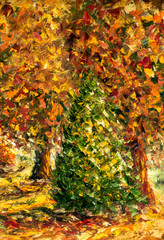Bright autumn trees, impressionism palette knife impasto. Fragment of autumn painting