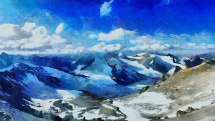 Hand drawing watercolor art on canvas. Artistic big print. Original modern painting. Acrylic dry brush background. Beautiful snowing mountain travel landscape. Winter wild nature view. Skiing resort