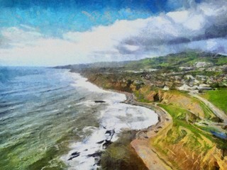 Hand drawing watercolor art on canvas. Artistic big print. Original modern painting. Acrylic dry brush background. Beautiful  travel landscape. Wild nature view. Tropical resort coast of sea.