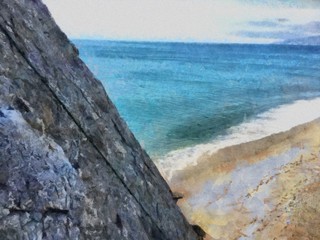 Hand drawing watercolor art on canvas. Artistic big print. Original modern painting. Acrylic dry brush background. Beautiful mountain travel landscape. Wild nature view. Tropical exotic sea cost. 