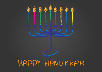 Happy Hanukkah card. Hand drawn Menora and colorful candles On black background