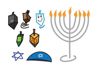 Set of color Hanukkah Jewish holiday Hand drawn symbols on white background